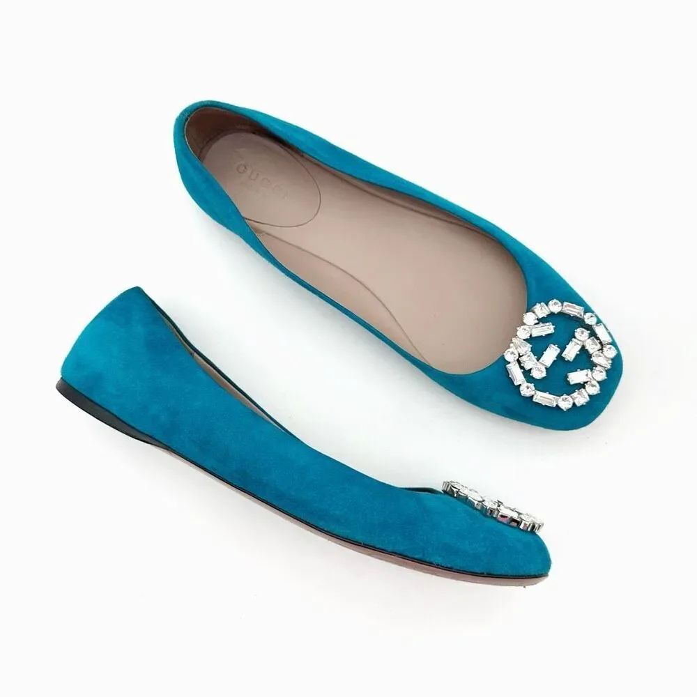 GUCCI Interlocking Crystal GG Ballet Flat Size 37 US 7 Teal Blue Suede